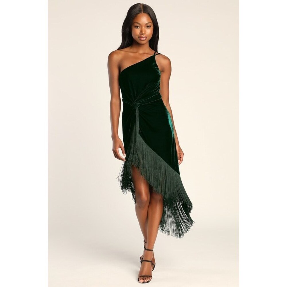 Lulus Fringe For Life Dark Green Velvet One-shoulder Fringe Midi Dress - Size L